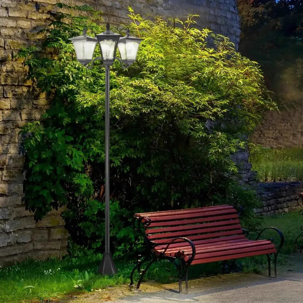 Black metal three-light street lamp with frosted glass shades outsunny victorian style solar sensor lamp post