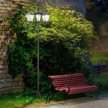 Black metal three-light street lamp with frosted glass shades outsunny victorian style solar sensor lamp post