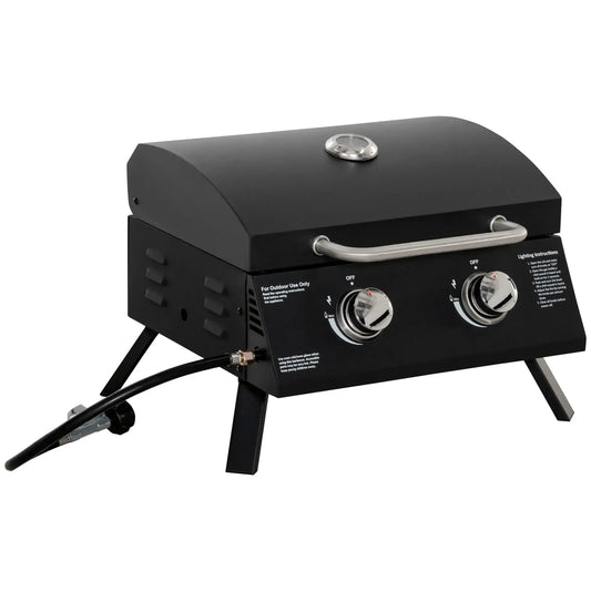 Outsunny 2 Burner Gas BBQ Grill Outdoor Portable Folding Tabletop Barbecue w/ Lid, Thermometer, Carbon Steel, Black 846 - 104V70BK - Garden & Outdoor