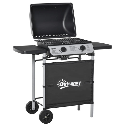 Outsunny 2 Burner Gas BBQ Trolley with Lid, 5.6 kW Gas Barbecue Grill with Wheels, Side Shelves, Black 846 - 063 - Garden & Outdoor