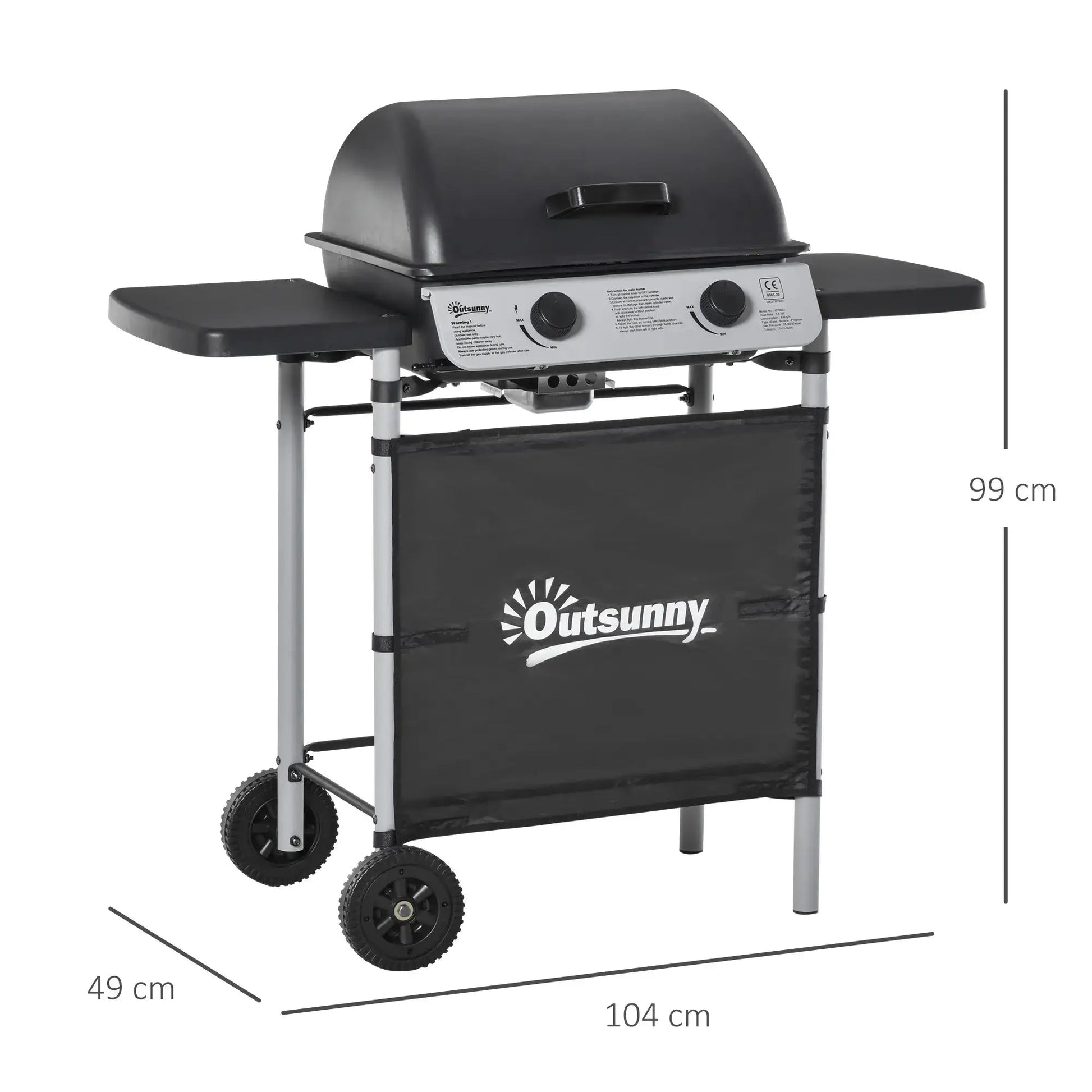Outsunny 2 Burner Gas BBQ Trolley with Lid, 5.6 kW Gas Barbecue Grill with Wheels, Side Shelves, Black 846 - 063 - Garden & Outdoor