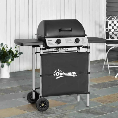 Outsunny 2-Burner Gas BBQ Trolley with Lid & Side Shelves - Grey | 846-063V70GY