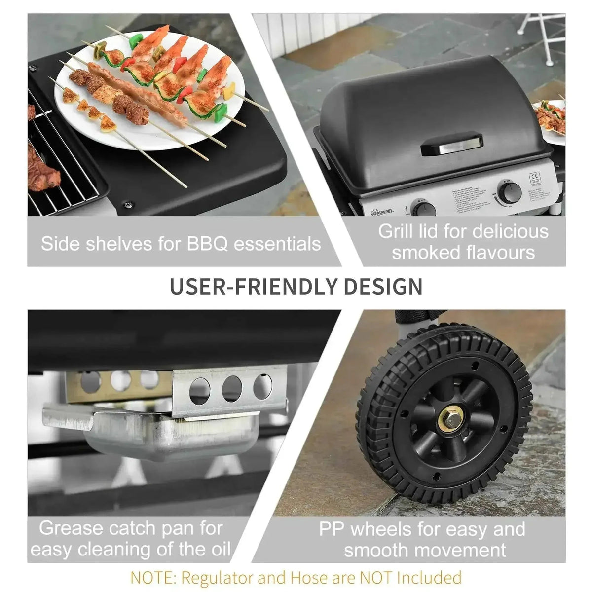 Outsunny black 2-burner gas bbq trolley with lid, side shelves, and pp wheels for easy outdoor grilling