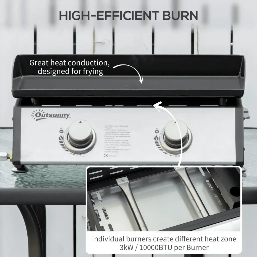 Outsunny Gas Plancha Grill with 2 Stainless Steel Burner, 6kW, Portable Tabletop Gas BBQ with Non - Stick Griddle for Camping Picnic Garden Party Festival 846 - 108V70SR - Garden & Outdoor