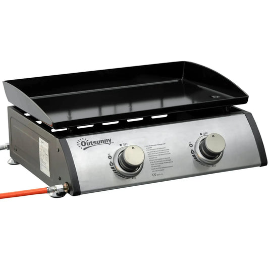 Outsunny Gas Plancha Grill with 2 Stainless Steel Burner, 6kW, Portable Tabletop Gas BBQ with Non - Stick Griddle for Camping Picnic Garden Party Festival 846 - 108V70SR - Garden & Outdoor