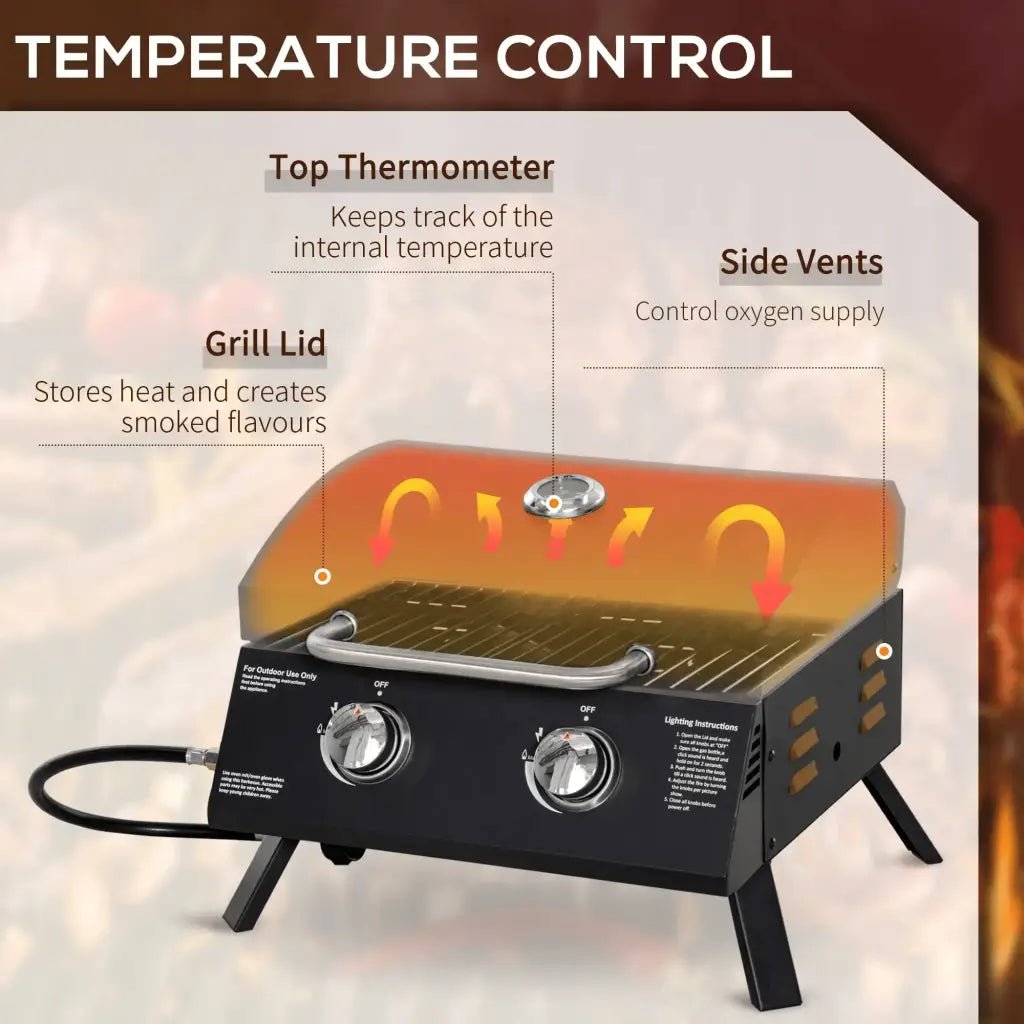 Outsunny 2 Burner Gas BBQ Grill Outdoor Portable Folding Tabletop Barbecue w/ Lid, Thermometer, Carbon Steel, Black 846 - 104V70BK - Garden & Outdoor