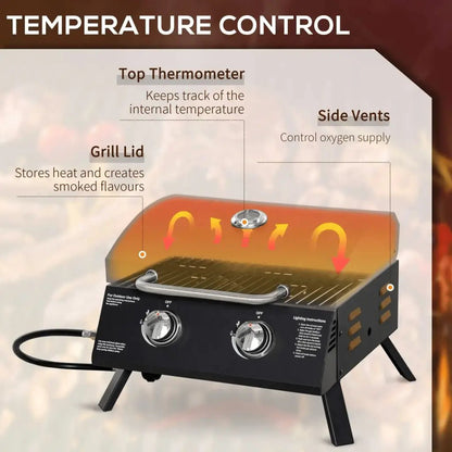 Outsunny 2 Burner Gas BBQ Grill Outdoor Portable Folding Tabletop Barbecue w/ Lid, Thermometer, Carbon Steel, Black 846 - 104V70BK - Garden & Outdoor