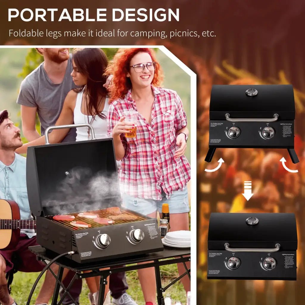Outsunny 2 Burner Gas BBQ Grill Outdoor Portable Folding Tabletop Barbecue w/ Lid, Thermometer, Carbon Steel, Black 846 - 104V70BK - Garden & Outdoor