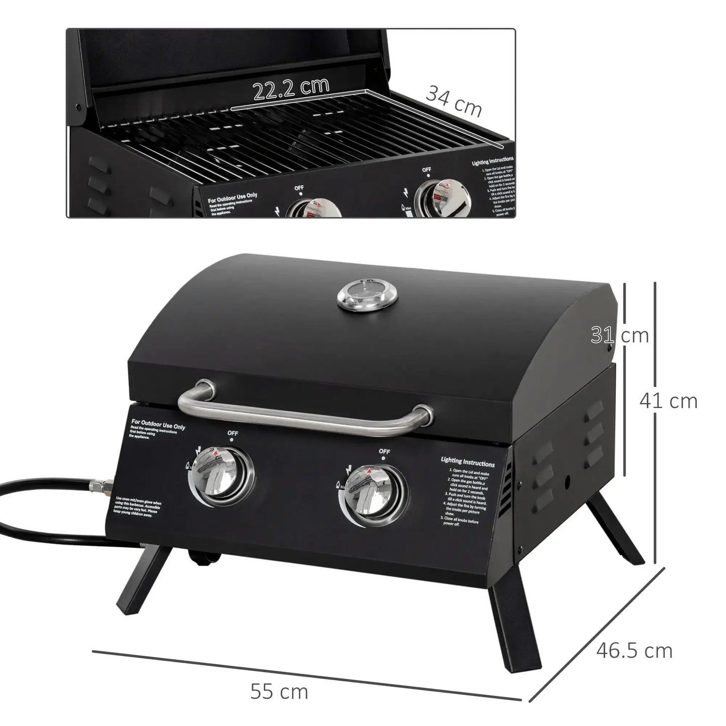 Outsunny 2 Burner Gas BBQ Grill Outdoor Portable Folding Tabletop Barbecue w/ Lid, Thermometer, Carbon Steel, Black 846 - 104V70BK - Garden & Outdoor