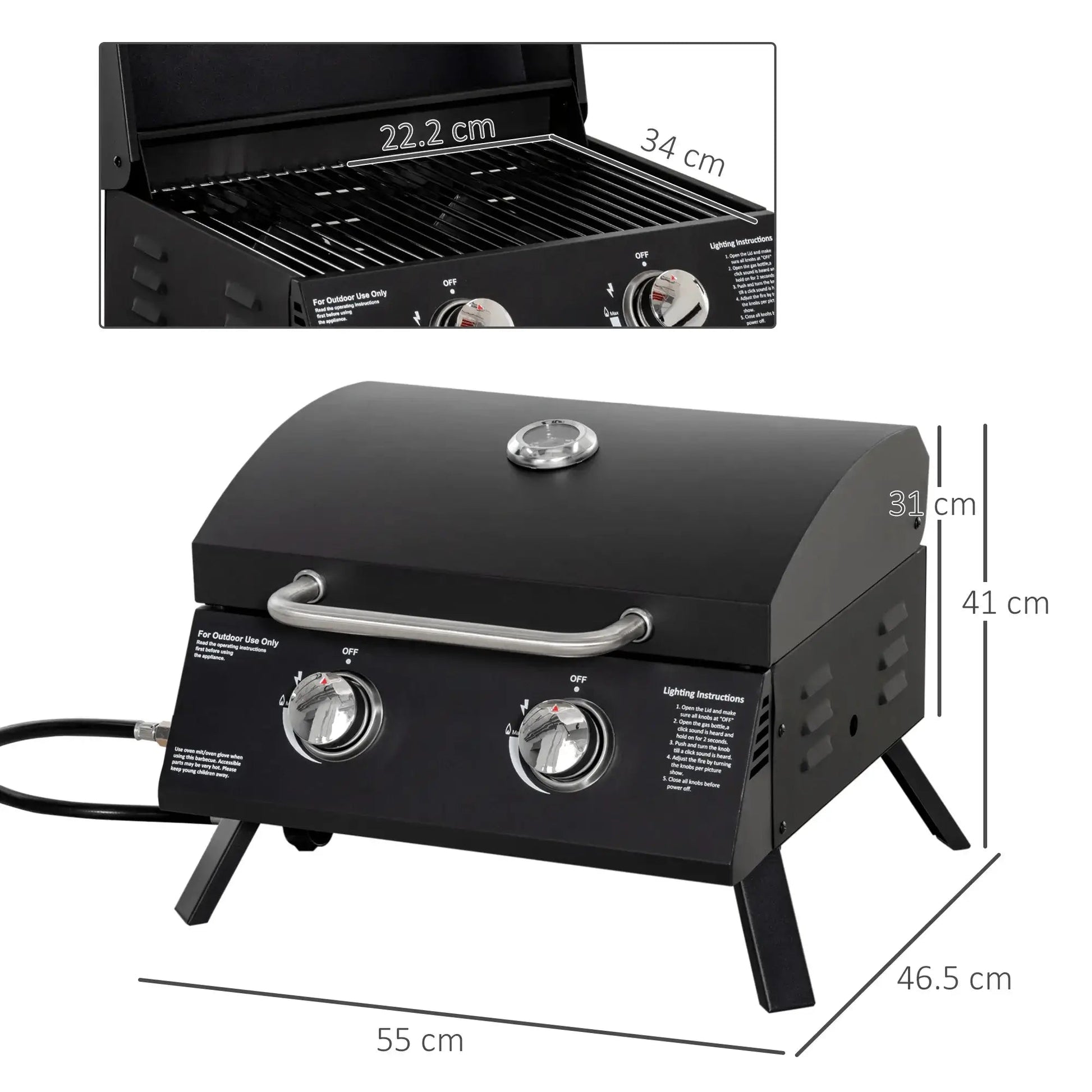 Outsunny 2 Burner Gas BBQ Grill Outdoor Portable Folding Tabletop Barbecue w/ Lid, Thermometer, Carbon Steel, Black 846 - 104V70BK - Garden & Outdoor