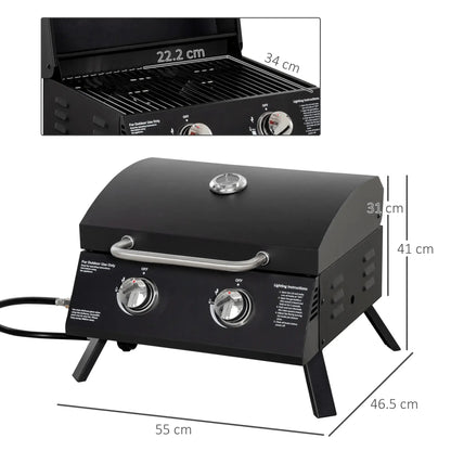 Outsunny 2 Burner Gas BBQ Grill Outdoor Portable Folding Tabletop Barbecue w/ Lid, Thermometer, Carbon Steel, Black 846 - 104V70BK - Garden & Outdoor