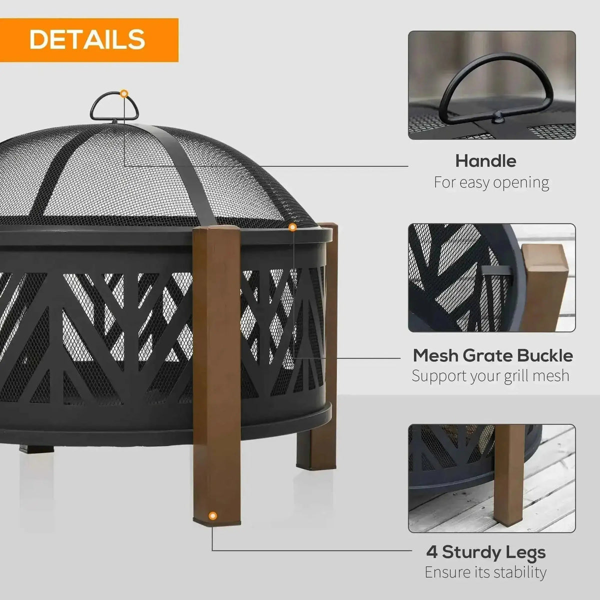 Outsunny 2-in-1 black metal fire pit with mesh top and brown wooden legs for fire and bbq grilling