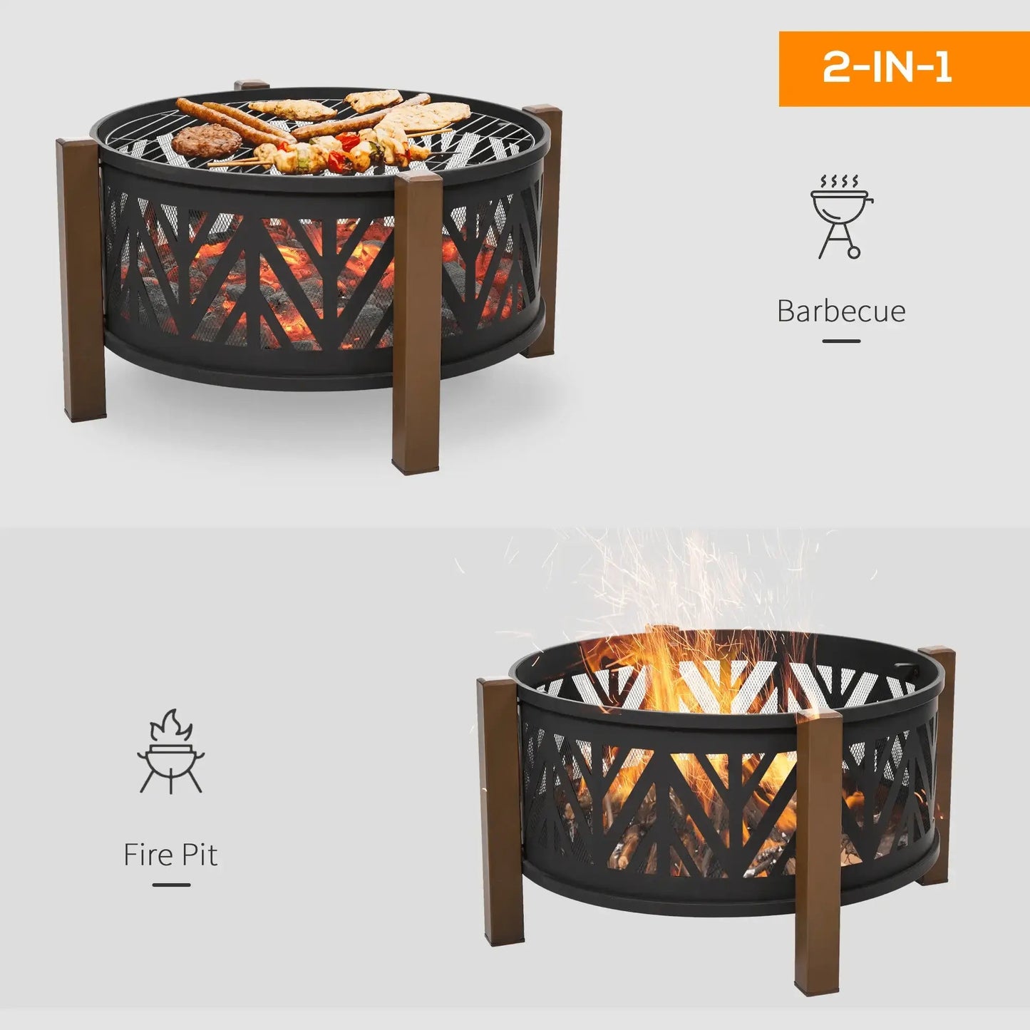 Outsunny Metal Large Firepit Bowl Outdoor 2 - In - 1 Round Fire Pit Brazier w/ Lid, BBQ Grill, Poker for Backyard, Camping, Bonfire, Wood Burning Stove, 78 x 78 x 60cm, Black 842 - 172 - Garden & Outdoor