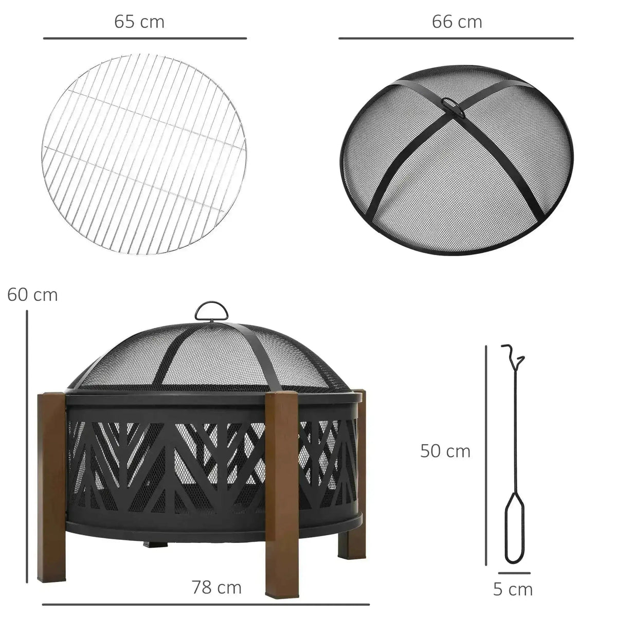 Outsunny black metal fire pit with wooden legs mesh lid and geometric lattice patterns for outdoor use