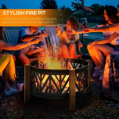Outsunny black metal fire pit with geometric lattice design and wooden legs for grilling and outdoor use