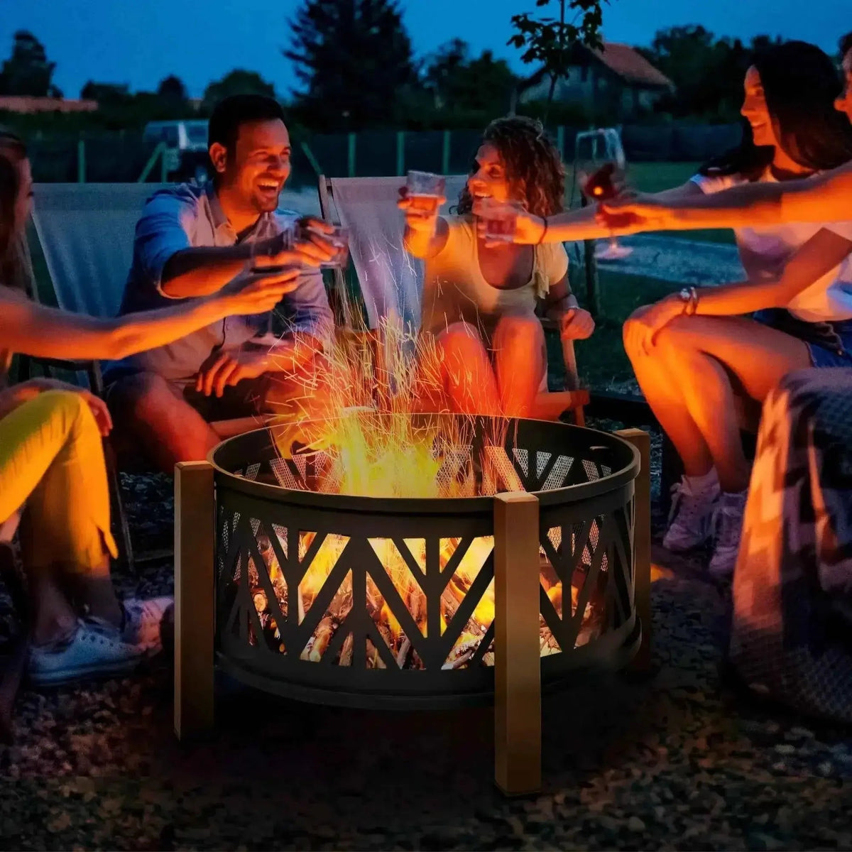 Outsunny black metal fire pit with geometric lattice design and four sturdy legs for outdoor use with lid and bbq grill