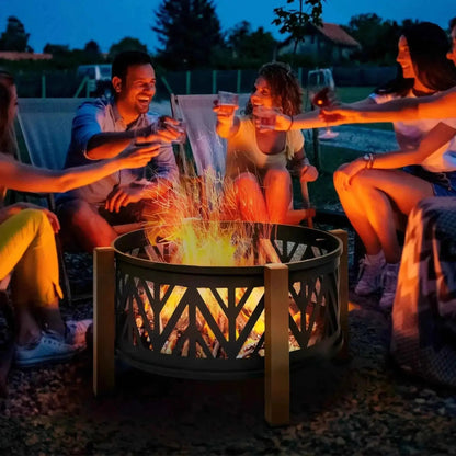 Outsunny black metal fire pit with geometric lattice design and four sturdy legs for outdoor use with lid and bbq grill