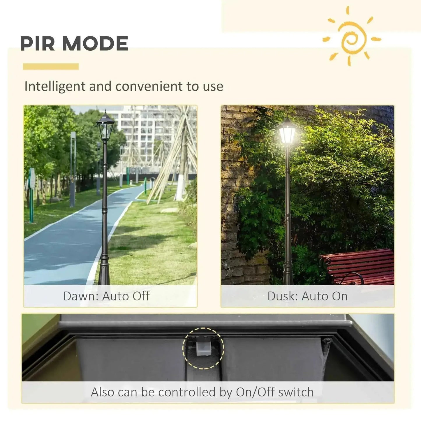 Outsunny 2.4 m Solar-Powered LED Garden Lamp Post, Motion Sensor - Black | B30-029V00BK
