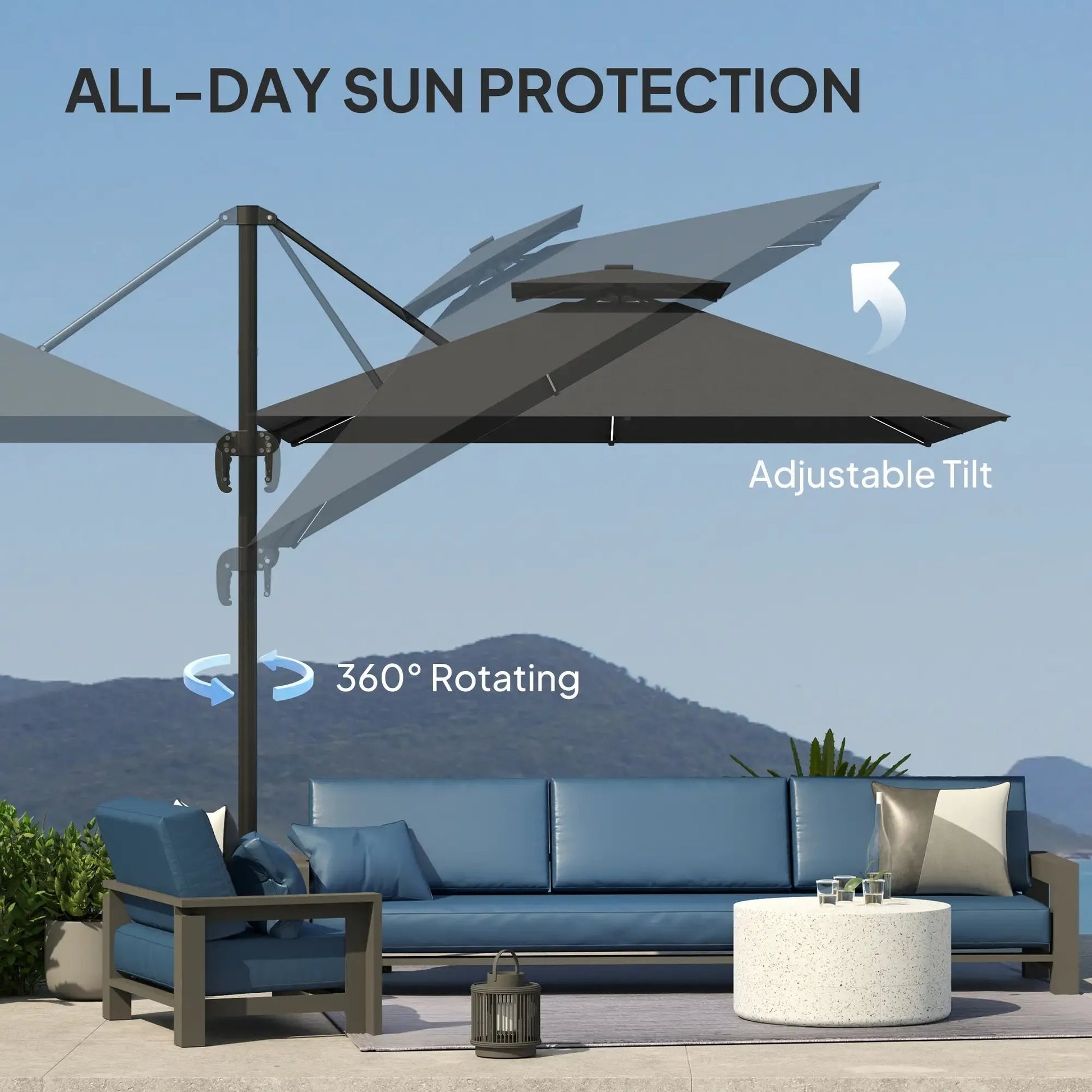 Outsunny 2.5m Cantilever Parasol with Solar Powered LED Lights, 360° Rotation, Tilt Adjustment, Crank Handle - Dark Grey | 84D - 347V00CG - Furniture, Lighting & Decor