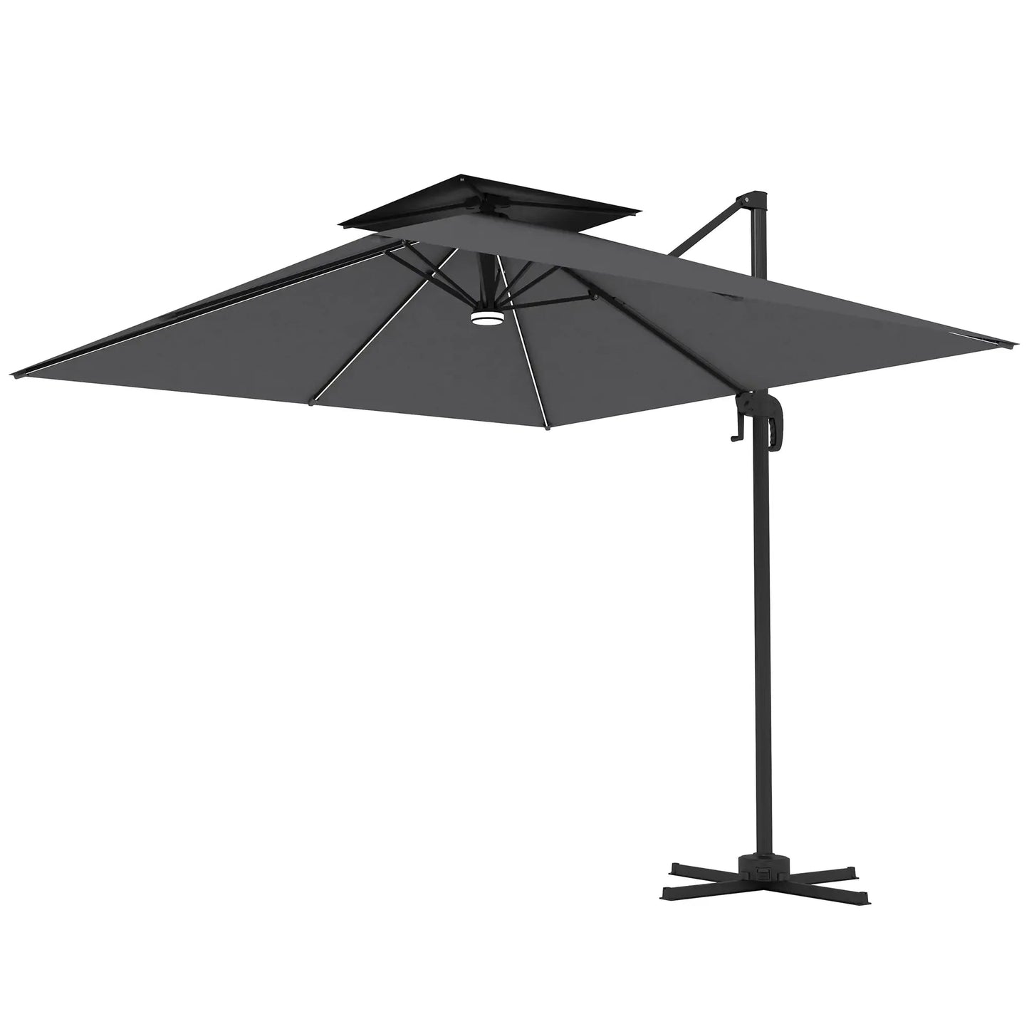 Outsunny 2.5m Cantilever Parasol with Solar Powered LED Lights, 360° Rotation, Tilt Adjustment, Crank Handle - Dark Grey | 84D - 347V00CG - Furniture, Lighting & Decor