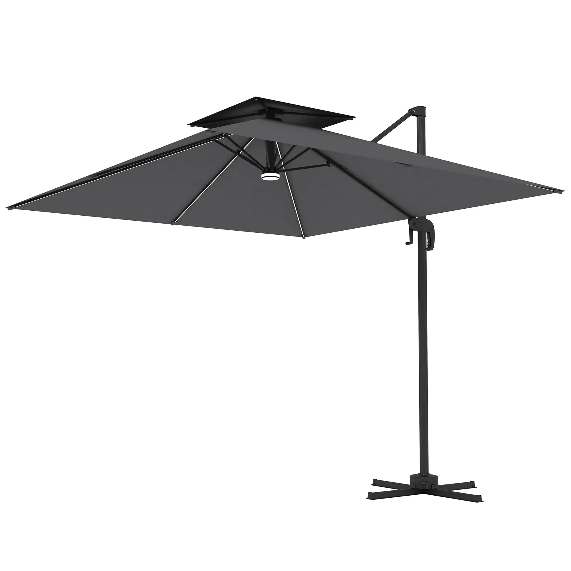 Outsunny 2.5m Cantilever Parasol with Solar Powered LED Lights, 360° Rotation, Tilt Adjustment, Crank Handle - Dark Grey | 84D - 347V00CG - Furniture, Lighting & Decor