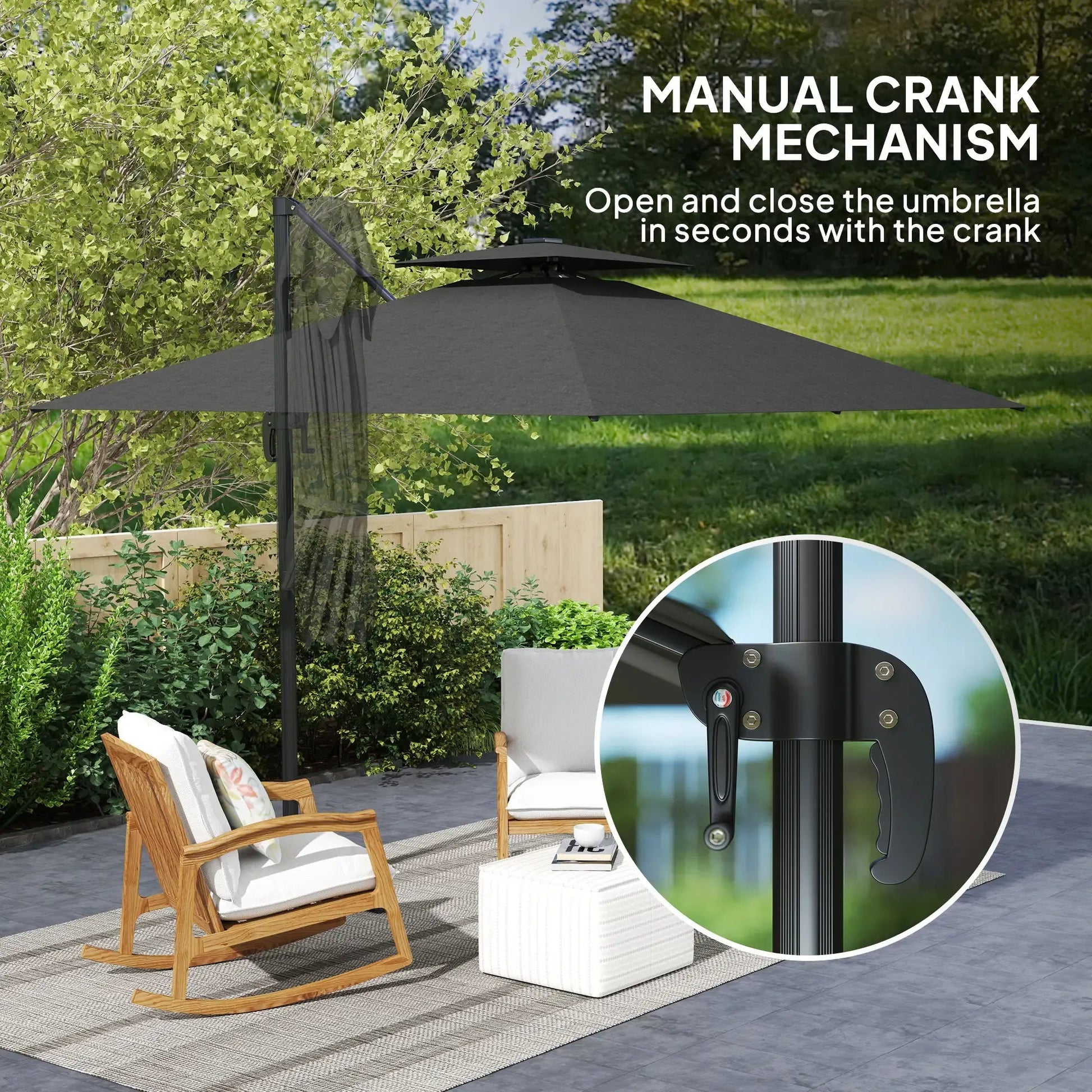 Outsunny 2.5m Cantilever Parasol with Solar Powered LED Lights, 360° Rotation, Tilt Adjustment, Crank Handle - Dark Grey | 84D - 347V00CG - Furniture, Lighting & Decor