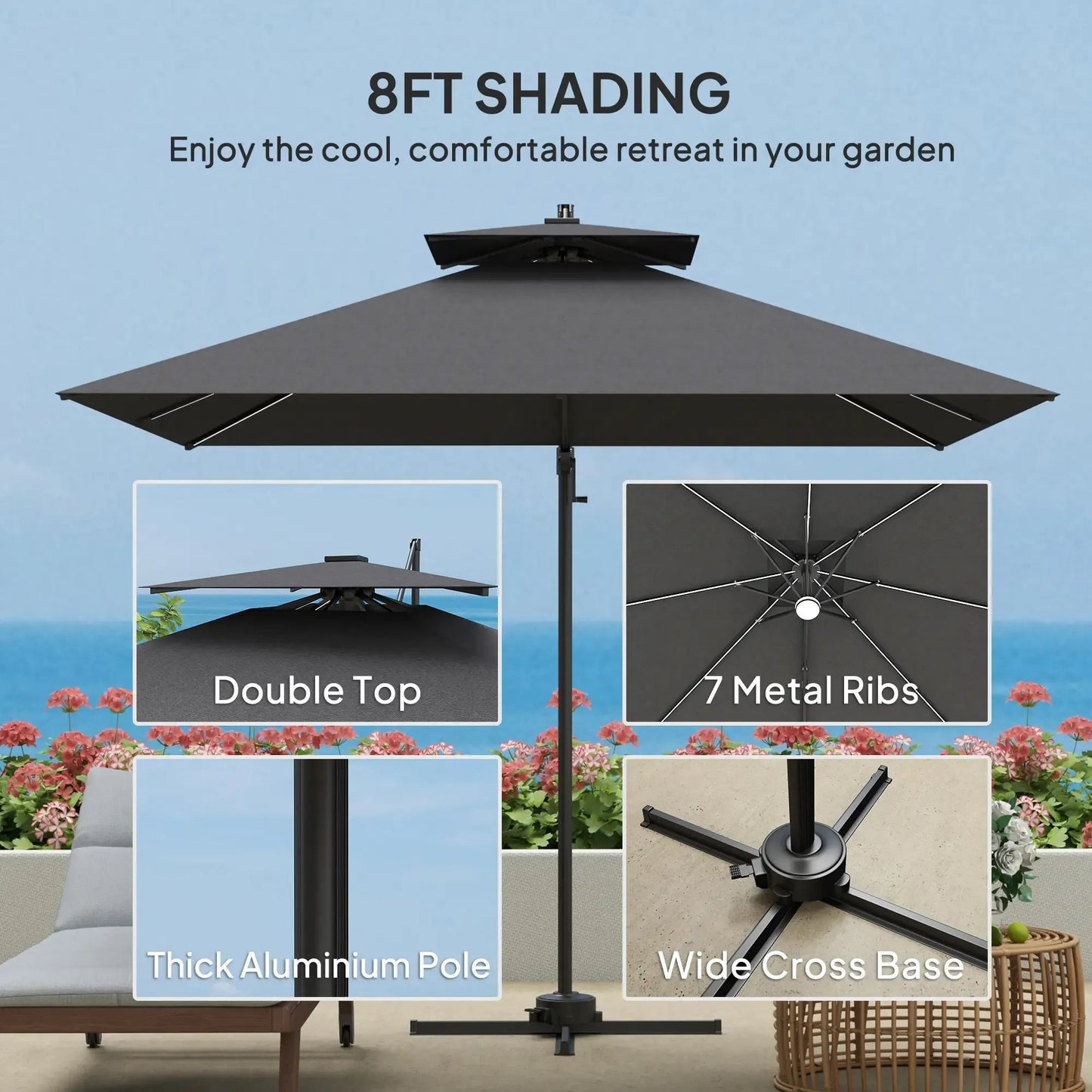 Outsunny 2.5m Cantilever Parasol with Solar Powered LED Lights, 360° Rotation, Tilt Adjustment, Crank Handle - Dark Grey | 84D - 347V00CG - Furniture, Lighting & Decor