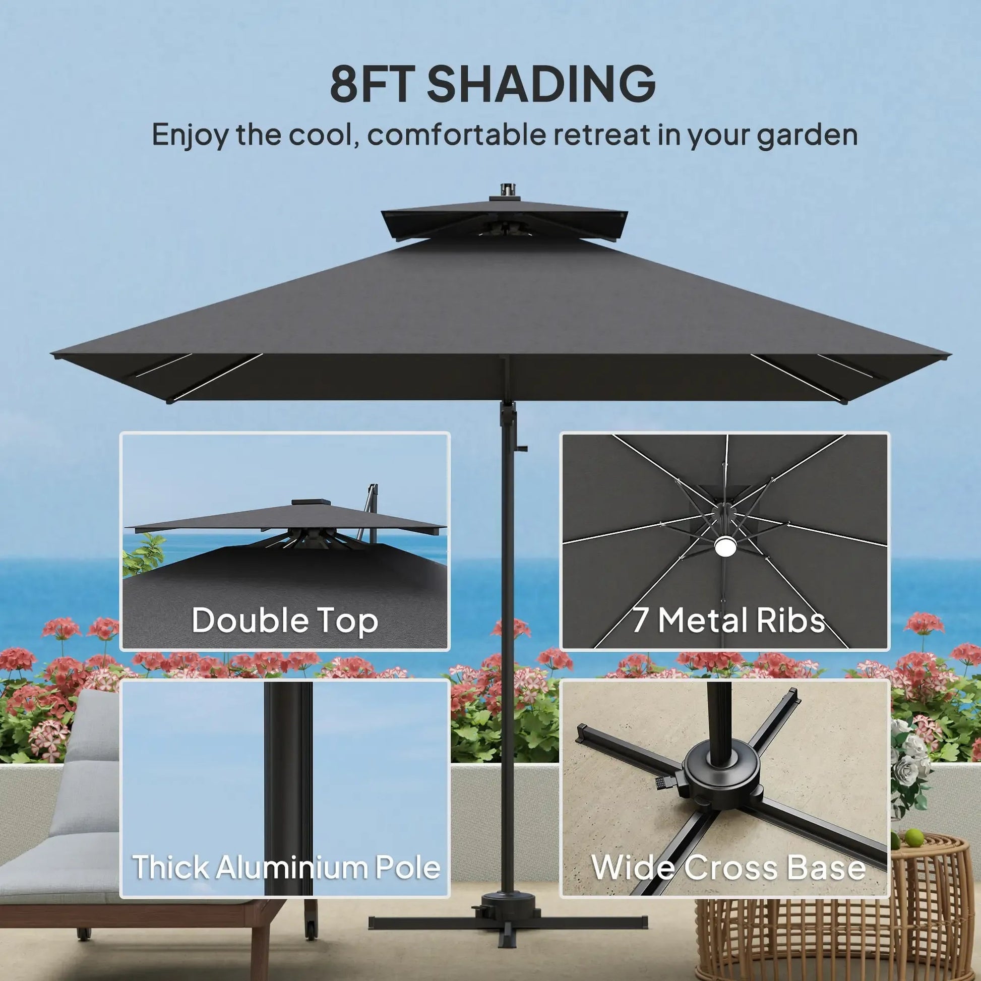 Outsunny 2.5m Cantilever Parasol with Solar Powered LED Lights, 360° Rotation, Tilt Adjustment, Crank Handle - Dark Grey | 84D - 347V00CG - Furniture, Lighting & Decor