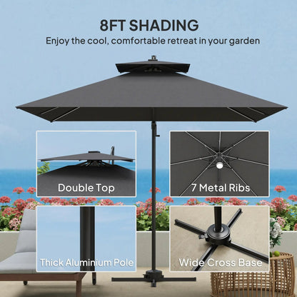 Outsunny 2.5m Cantilever Parasol with Solar Powered LED Lights, 360° Rotation, Tilt Adjustment, Crank Handle - Dark Grey | 84D - 347V00CG - Furniture, Lighting & Decor