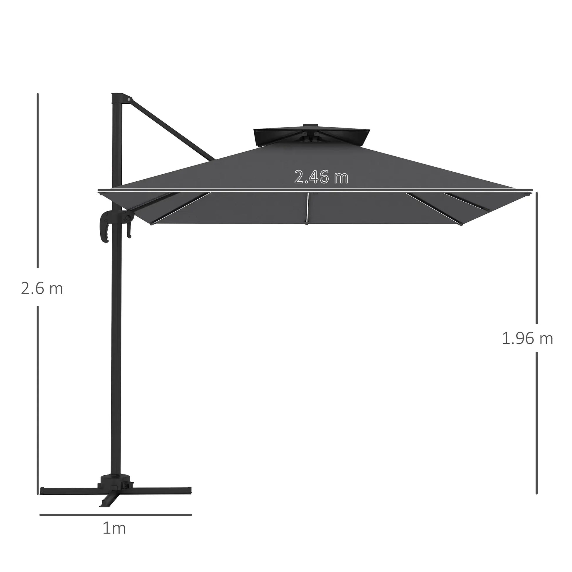 Outsunny 2.5m Cantilever Parasol with Solar Powered LED Lights, 360° Rotation, Tilt Adjustment, Crank Handle - Dark Grey | 84D - 347V00CG - Furniture, Lighting & Decor