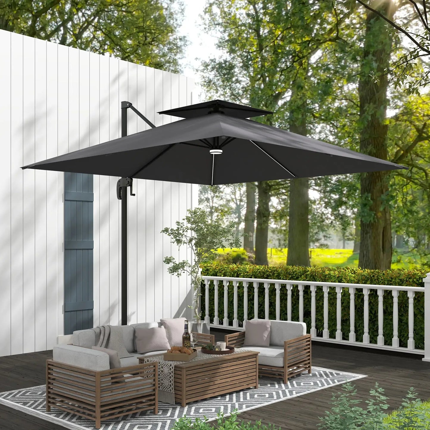 Outsunny 2.5m Cantilever Parasol with Solar Powered LED Lights, 360° Rotation, Tilt Adjustment, Crank Handle - Dark Grey | 84D - 347V00CG - Furniture, Lighting & Decor