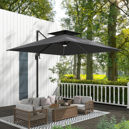 Outsunny 2.5m Cantilever Parasol with Solar Powered LED Lights, 360° Rotation, Tilt Adjustment, Crank Handle - Dark Grey | 84D - 347V00CG - Furniture, Lighting & Decor