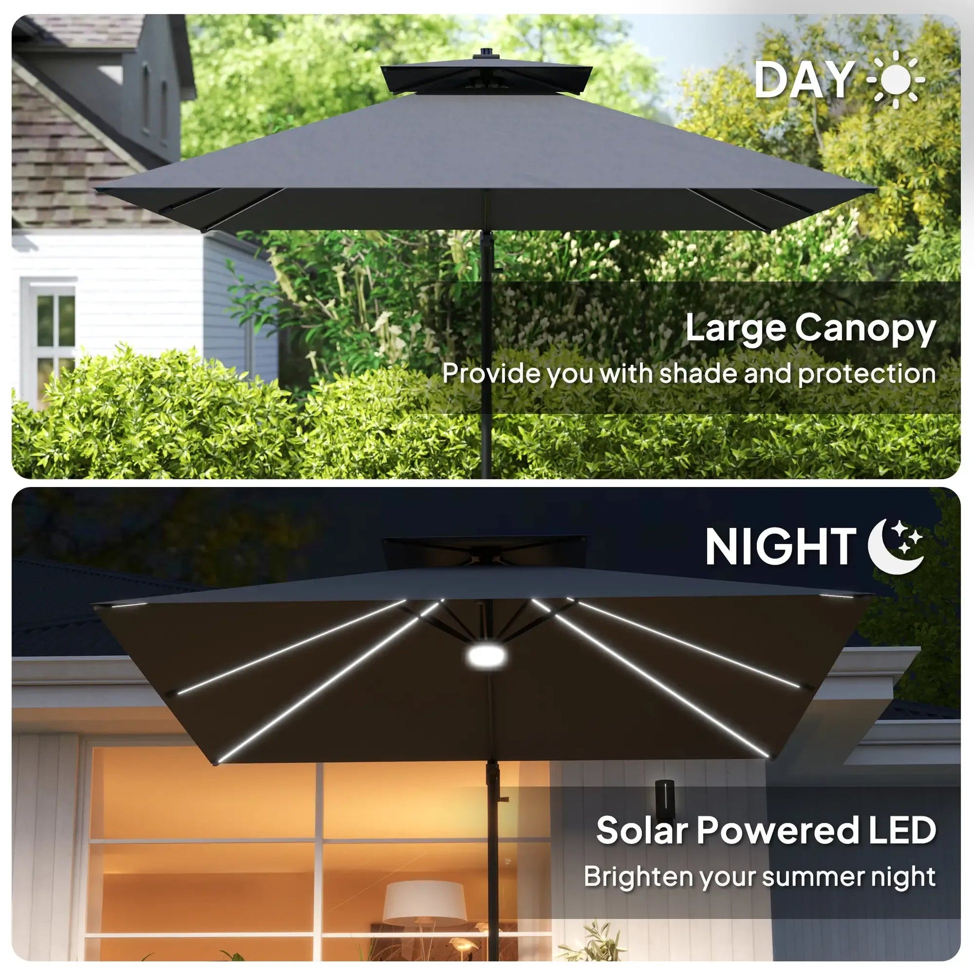Outsunny 2.5m Cantilever Parasol with Solar Powered LED Lights, 360° Rotation, Tilt Adjustment, Crank Handle - Dark Grey | 84D - 347V00CG - Furniture, Lighting & Decor
