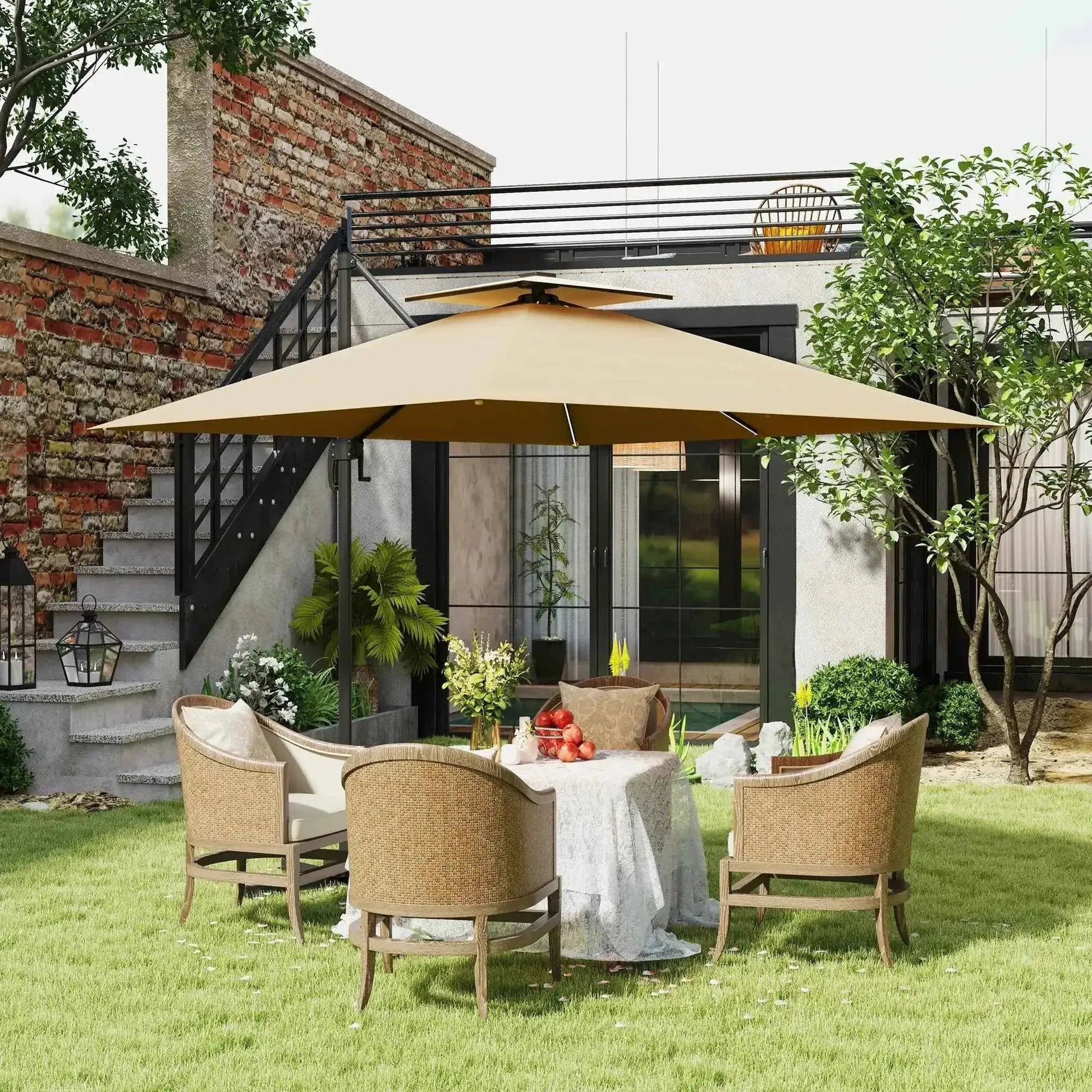 Outsunny 2.5m Powered Solar LED Cantilever Parasol - Khaki | 84D-347V00KK