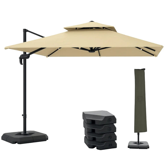 Outsunny 2.7 x 2.7(m) Cantilever Parasol with Aluminium Frame, Crank and Tilt, 360 - Degree Rotation, Double Top Garden Umbrella with Base and Cover - Khaki | 84D - 073V00KK - Furniture, Lighting & Decor