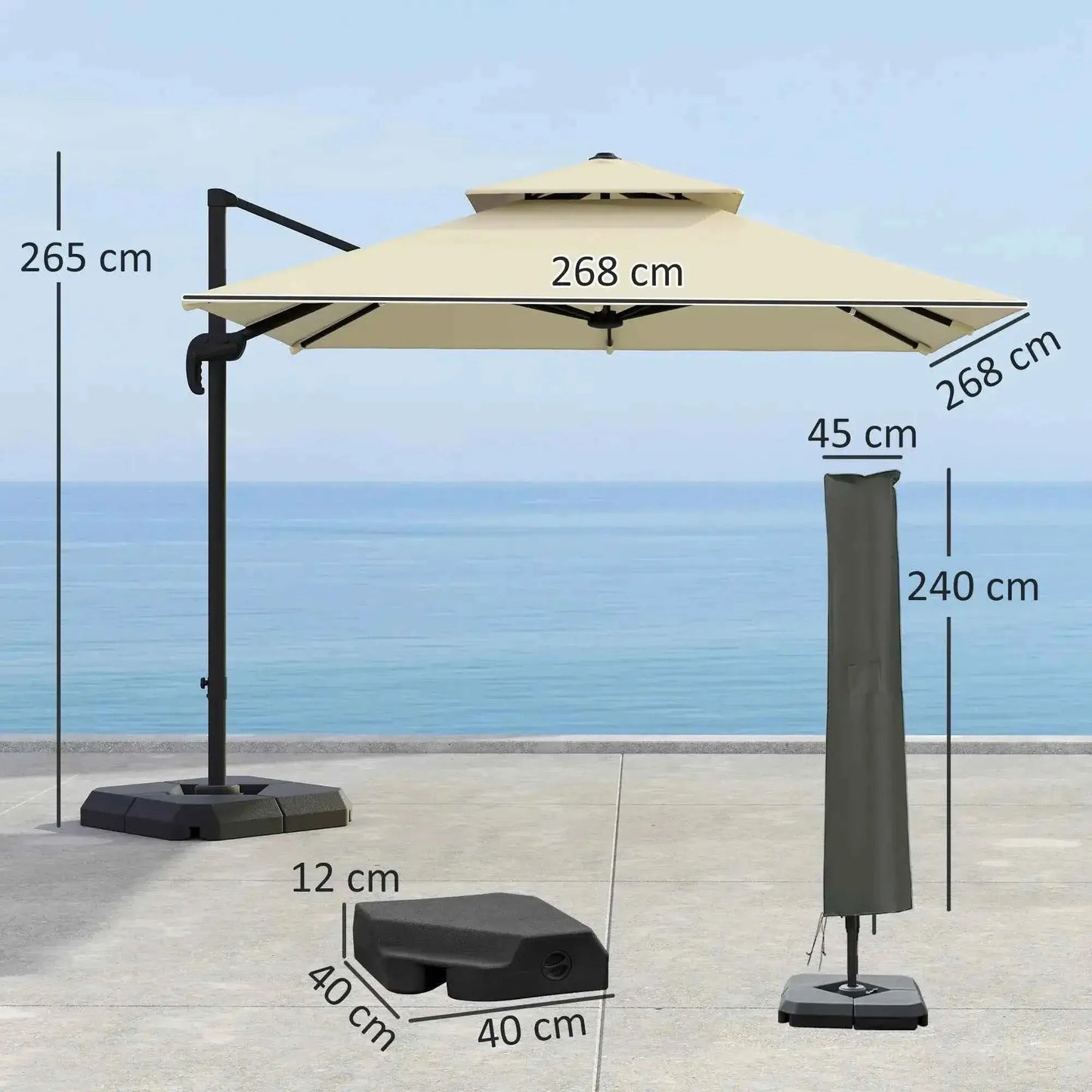 Outsunny 2.7m Parasol with Base & Cover - Khaki | 84D-073V00KK