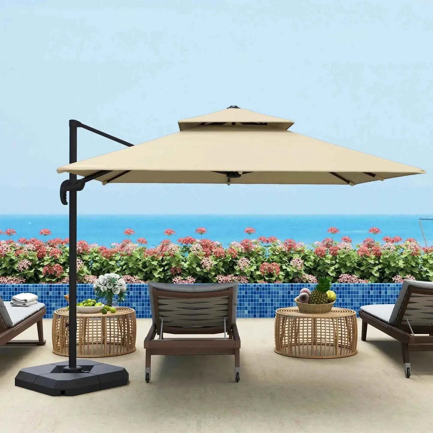 Outsunny 2.7m Parasol with Base & Cover - Khaki | 84D-073V00KK