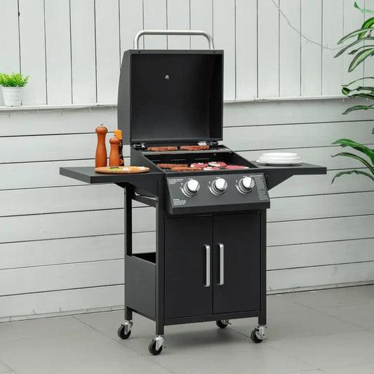 Outsunny 3 Burner Gas BBQ Grill Outdoor Portable Barbecue Trolley w/ Warming Rack, Side Shelves, Storage Cabinet, Thermometer, Carbon Steel, Black 846 - 103V70BK - Garden & Outdoor