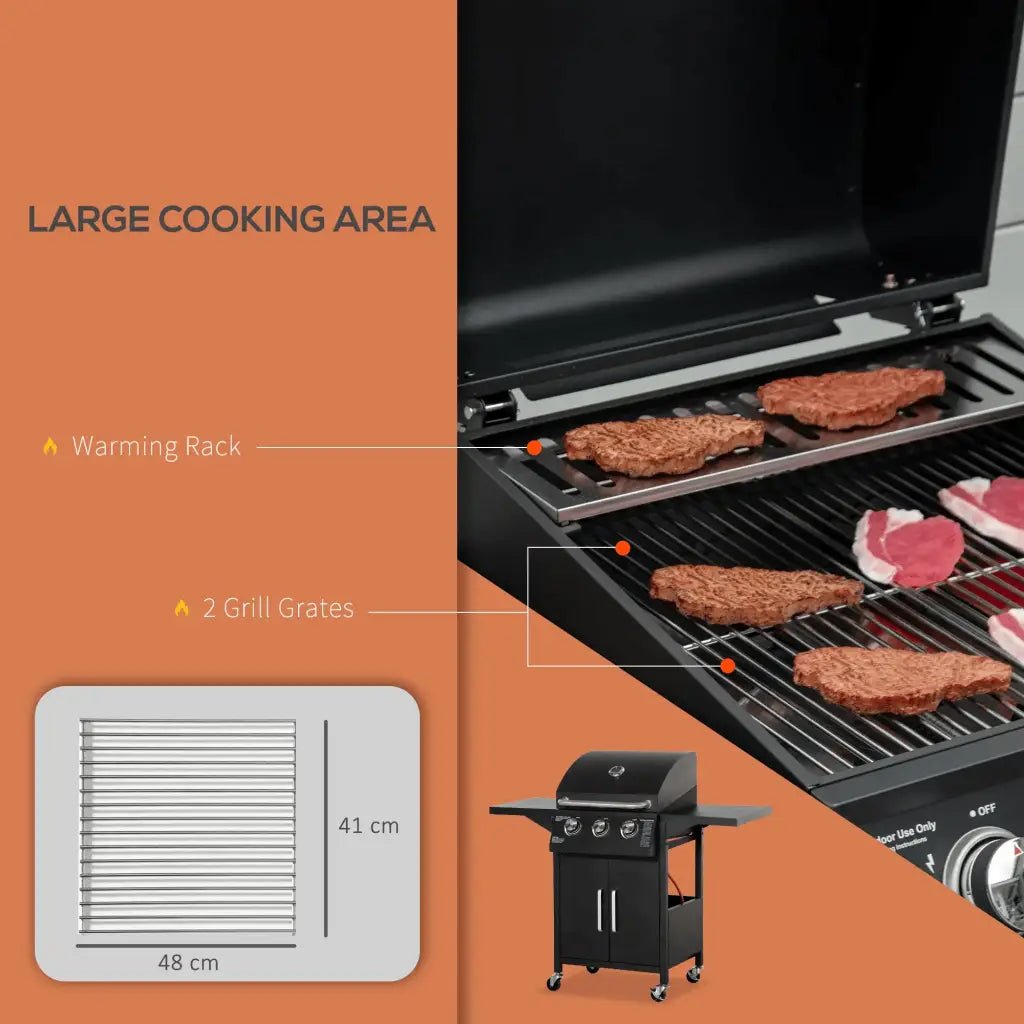 Outsunny 3 Burner Gas BBQ Grill Outdoor Portable Barbecue Trolley w/ Warming Rack, Side Shelves, Storage Cabinet, Thermometer, Carbon Steel, Black 846 - 103V70BK - Garden & Outdoor