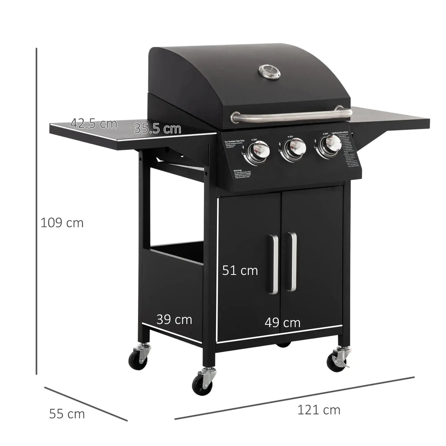 Outsunny 3 Burner Gas BBQ Grill Outdoor Portable Barbecue Trolley w/ Warming Rack, Side Shelves, Storage Cabinet, Thermometer, Carbon Steel, Black 846 - 103V70BK - Garden & Outdoor