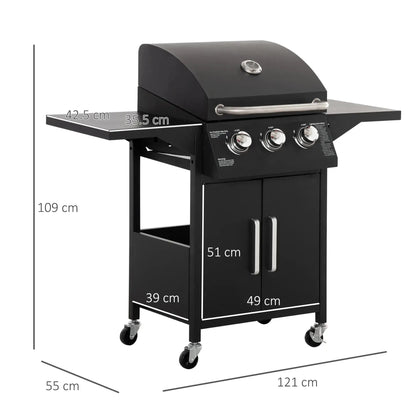 Outsunny 3 Burner Gas BBQ Grill Outdoor Portable Barbecue Trolley w/ Warming Rack, Side Shelves, Storage Cabinet, Thermometer, Carbon Steel, Black 846 - 103V70BK - Garden & Outdoor