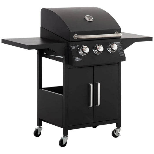 Outsunny 3-burner black gas bbq grill with stainless steel knobs handle on wheeled trolley with storage cabinets