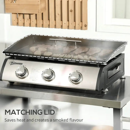 Outsunny 3 Burner Gas Plancha BBQ Grill with Lid, Black 846 - 128V70BK - Garden & Outdoor