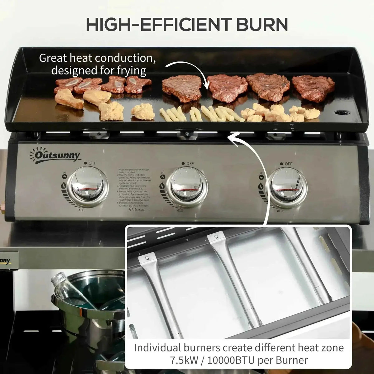 Outsunny stainless steel 3 burner gas plancha BBQ grill with black griddle surface and three control knobs