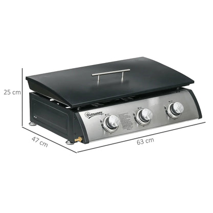 Outsunny 3 Burner Gas Plancha BBQ Grill with Lid, Black 846 - 128V70BK - Garden & Outdoor