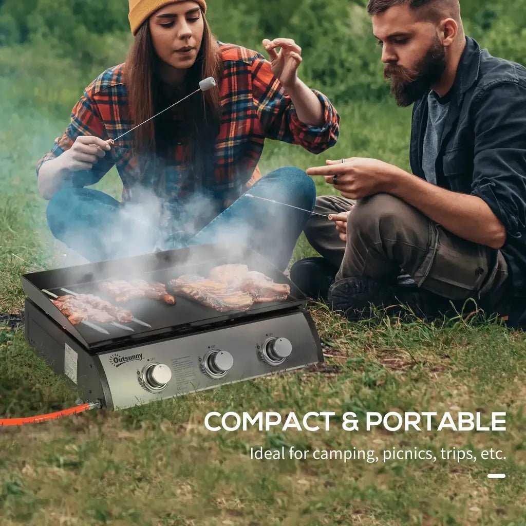 Silver and black dotsunny outsunny 3 burner portable gas plancha bbq grill with lid and three control knobs