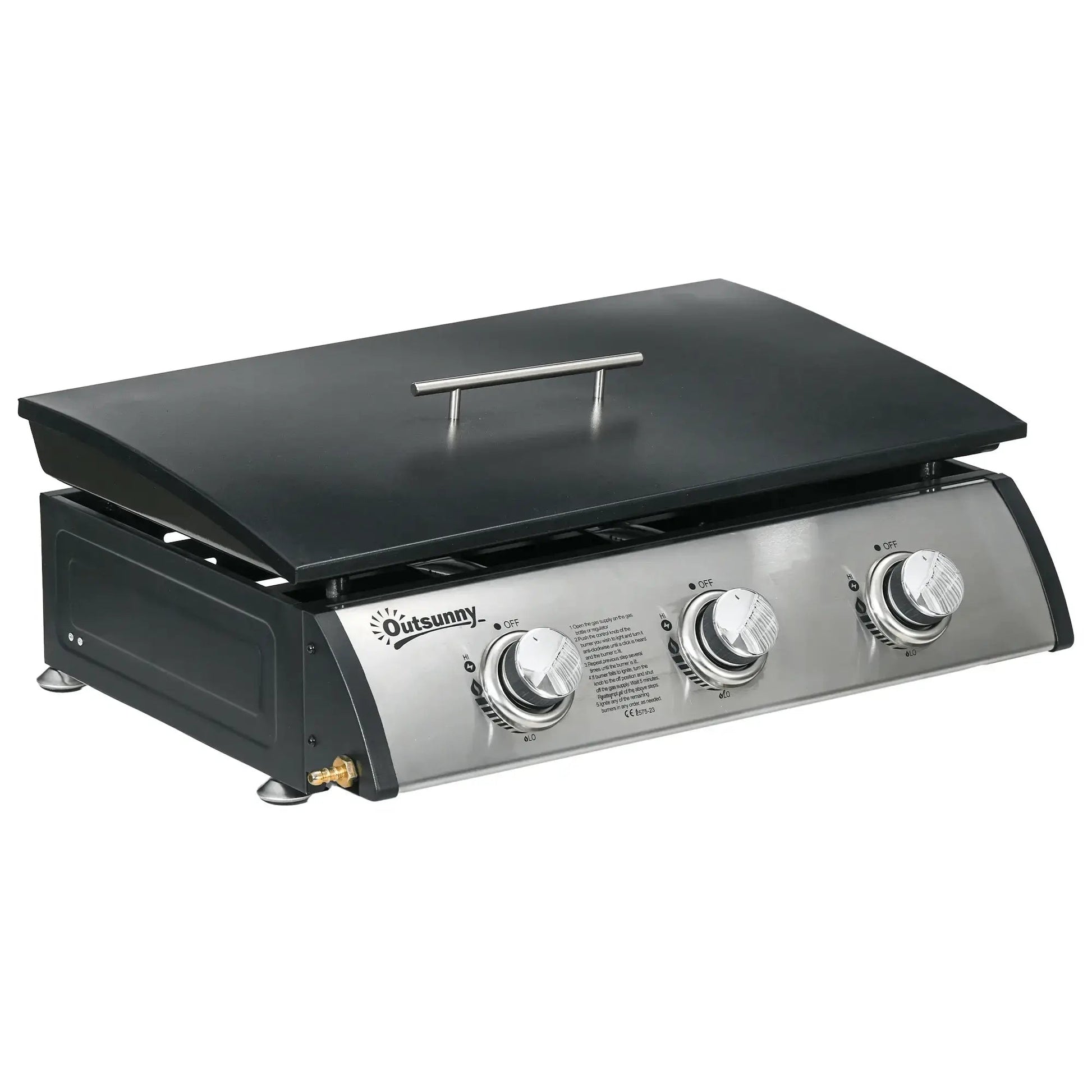 Outsunny 3 Burner Gas Plancha BBQ Grill with Lid, Black 846 - 128V70BK - Garden & Outdoor