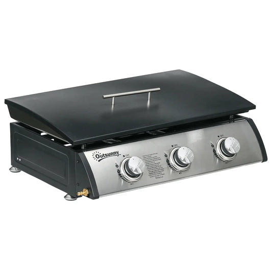 Outsunny 3 Burner Gas Plancha BBQ Grill with Lid, Black 846 - 128V70BK - Garden & Outdoor