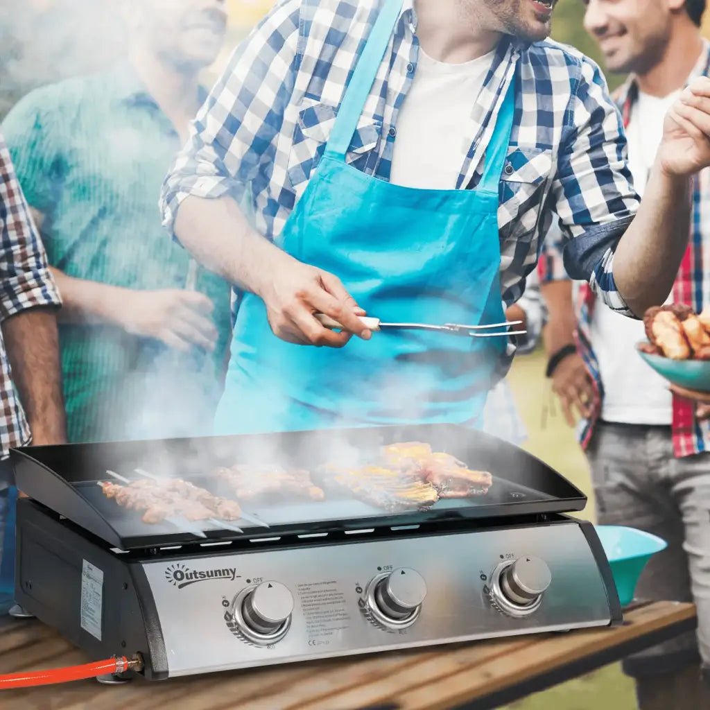 Outsunny Gas Plancha Grill with 3 Stainless Steel Burner, 9kW, Portable Tabletop Gas BBQ with Non - Stick Griddle for Camping Picnic Garden Party Festival 846 - 108V71SR - Garden & Outdoor