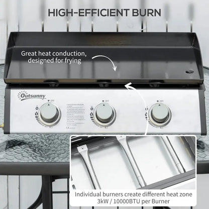 Outsunny Gas Plancha Grill with 3 Stainless Steel Burner, 9kW, Portable Tabletop Gas BBQ with Non - Stick Griddle for Camping Picnic Garden Party Festival 846 - 108V71SR - Garden & Outdoor